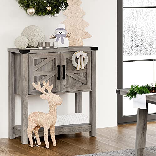 WAMPAT Modern Farmhouse Buffet Cabinet, Wood Sideboard with Cabinet & Open Storage for Living Room, Kitchen, Magnetic Door Catch, 5-Level Adjustable Shelf, Riveted Metal Braket, Wash Grey