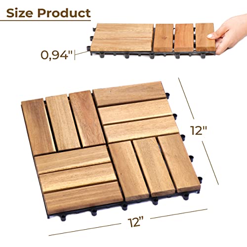 A9 FURNI 12-Slat Acacia Wood Teak Color Waterproof Outdoor & Indoor Flooring Interlocking Deck Tiles (10pcs,12''x12'') - Great Balcony Wooden Garden Decking Tile & Perfect Patio Paver Kits