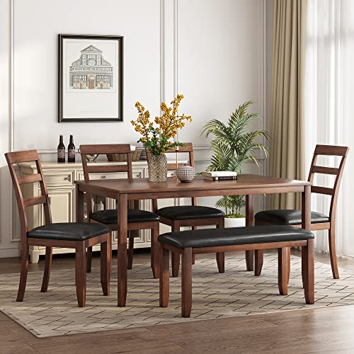 Harper & Bright Designs 6 Pieces Dining Table Set with Bench, Kitchen Table Set with Wood Dining Table, Upholstered Bench and Dining Chairs for Kitchen Dining Room, Walnut PU Cushion