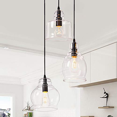 Wellmet Pendant Lights Kitchen Island Chandelier Globes Glass, 3 Lights Modern Linear Barn Hanging Pendant Lighting for Dining Room, Cluster Ceiling Lighting Fixture for Foyer