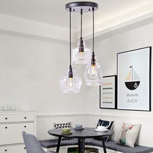 Wellmet Pendant Lights Kitchen Island Chandelier Globes Glass, 3 Lights Modern Linear Barn Hanging Pendant Lighting for Dining Room, Cluster Ceiling Lighting Fixture for Foyer