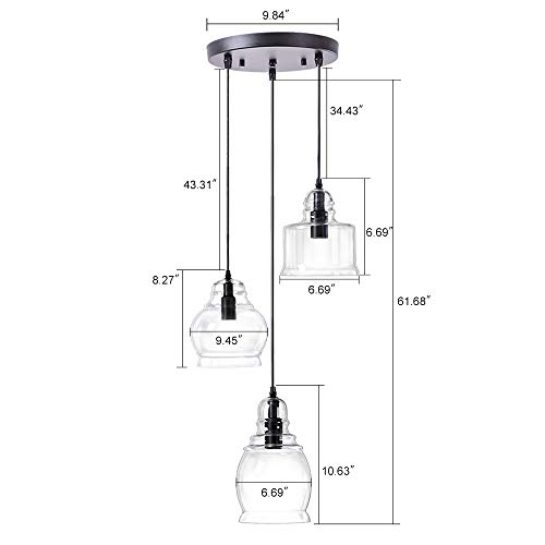 Wellmet Pendant Lights Kitchen Island Chandelier Globes Glass, 3 Lights Modern Linear Barn Hanging Pendant Lighting for Dining Room, Cluster Ceiling Lighting Fixture for Foyer