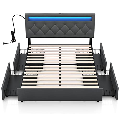 Rolanstar Bed Frame Queen Size with LED Lights and USB Ports, Upholstered Bed with Adjustable Headboard and 4 Drawers, No Box Spring Needed, Easy Assembly, Dark Grey