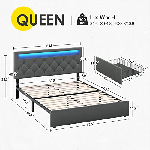 Rolanstar Bed Frame Queen Size with LED Lights and USB Ports, Upholstered Bed with Adjustable Headboard and 4 Drawers, No Box Spring Needed, Easy Assembly, Dark Grey