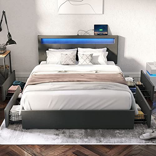 Rolanstar Bed Frame Queen Size with LED Lights and USB Ports, Upholstered Bed with Adjustable Headboard and 4 Drawers, No Box Spring Needed, Easy Assembly, Dark Grey