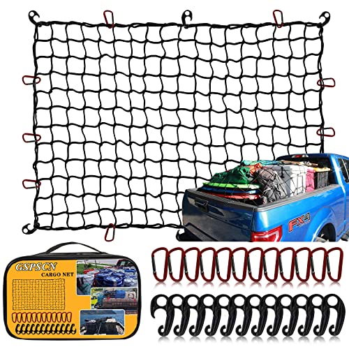 GSPSCN Cargo Net 4' x 6' for Truck Pickup Bed, Trailer ,Boat ,RV SUV Stretches to 11'x17' Max Roof Rack Net ,Small 4”x4” Mesh Heavy Duty Bungee Cord Net Compatible with Dodge Ram,Chevy Ford,Toyota