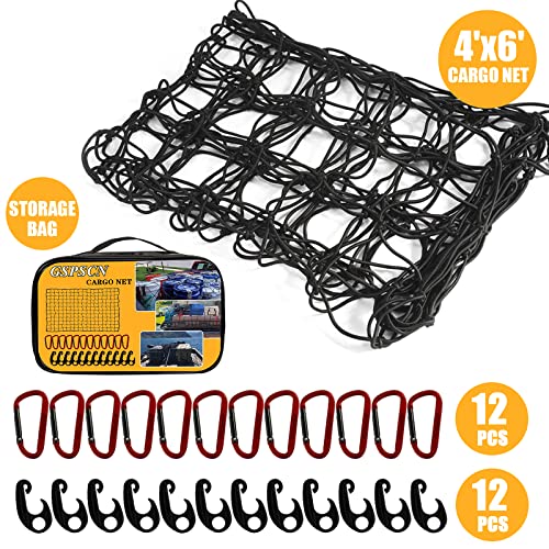 GSPSCN Cargo Net 4' x 6' for Truck Pickup Bed, Trailer ,Boat ,RV SUV Stretches to 11'x17' Max Roof Rack Net ,Small 4”x4” Mesh Heavy Duty Bungee Cord Net Compatible with Dodge Ram,Chevy Ford,Toyota