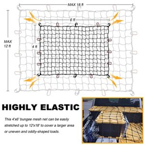 GSPSCN Cargo Net 4' x 6' for Truck Pickup Bed, Trailer ,Boat ,RV SUV Stretches to 11'x17' Max Roof Rack Net ,Small 4”x4” Mesh Heavy Duty Bungee Cord Net Compatible with Dodge Ram,Chevy Ford,Toyota