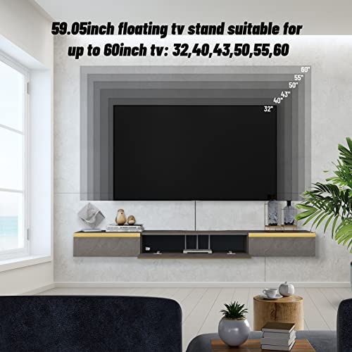 Pmnianhua Floating TV Shelf, 59'' Wall Mounted Wood Floating TV Console Entertainment Media Shelf TV Wall Unit with 2 Drawers and 1 Large Door (59.05 in, Dark Gray)