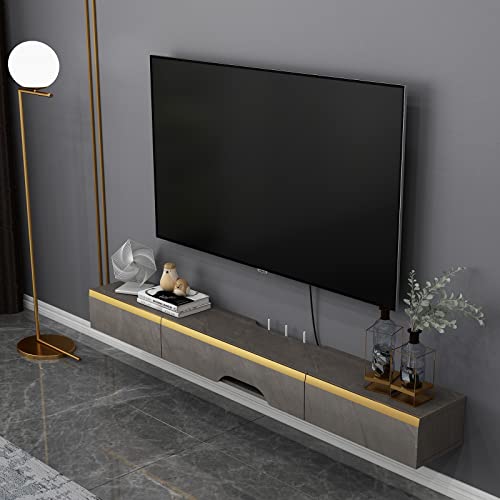 Pmnianhua Floating TV Shelf, 59'' Wall Mounted Wood Floating TV Console Entertainment Media Shelf TV Wall Unit with 2 Drawers and 1 Large Door (59.05 in, Dark Gray)