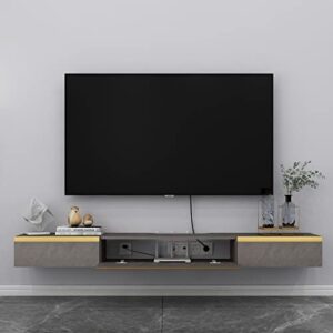 Pmnianhua Floating TV Shelf, 59'' Wall Mounted Wood Floating TV Console Entertainment Media Shelf TV Wall Unit with 2 Drawers and 1 Large Door (59.05 in, Dark Gray)