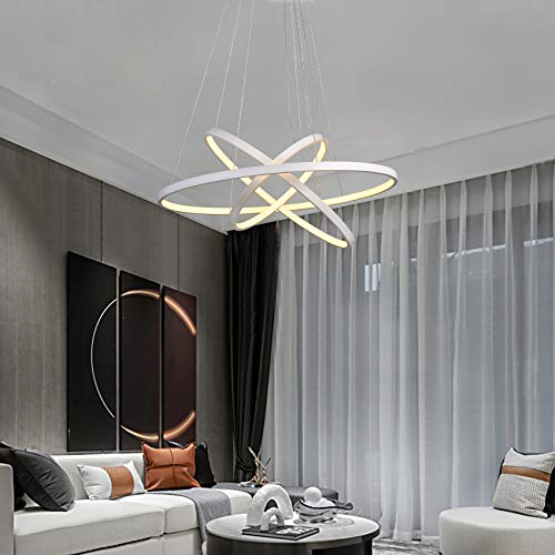 DERALAN Modern Chandelier Lighting Dimmable LED Ceiling Dining Room Chandeliers Contemporary Pendant Lights Fixtures Living Room Hanging 3 Ring Foyer Bedroom Warm White Light White Shade