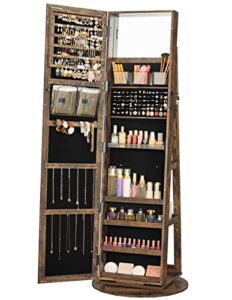 songmics 360° swivel jewelry cabinet, lockable jewelry organizer with full-length mirror, rear storage shelves, built-in small mirror, jewelry armoire, for women, rustic brown ujjc006x01