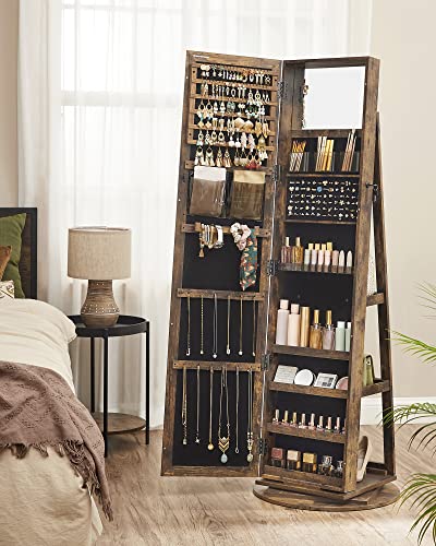 SONGMICS 360° Swivel Jewelry Cabinet, Lockable Jewelry Organizer with Full-Length Mirror, Rear Storage Shelves, Built-in Small Mirror, Jewelry Armoire, for Women, Rustic Brown UJJC006X01