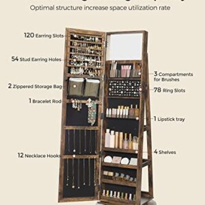 SONGMICS 360° Swivel Jewelry Cabinet, Lockable Jewelry Organizer with Full-Length Mirror, Rear Storage Shelves, Built-in Small Mirror, Jewelry Armoire, for Women, Rustic Brown UJJC006X01