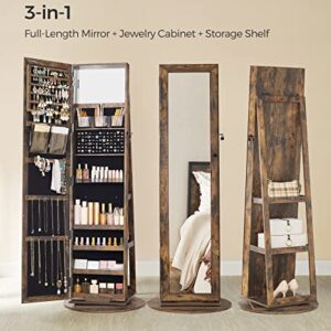 SONGMICS 360° Swivel Jewelry Cabinet, Lockable Jewelry Organizer with Full-Length Mirror, Rear Storage Shelves, Built-in Small Mirror, Jewelry Armoire, for Women, Rustic Brown UJJC006X01