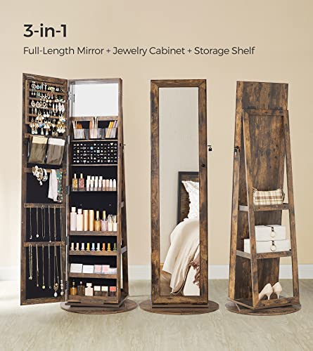 SONGMICS 360° Swivel Jewelry Cabinet, Lockable Jewelry Organizer with Full-Length Mirror, Rear Storage Shelves, Built-in Small Mirror, Jewelry Armoire, for Women, Rustic Brown UJJC006X01