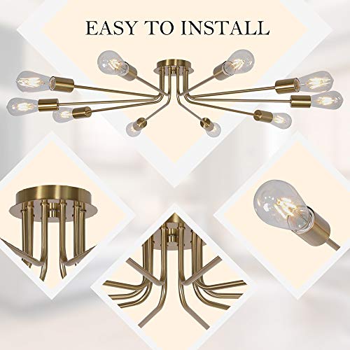 TULUCE Kitchen Lighting Fixture Industrial Flush Mount Ceiling Light Mid Century 10 Light Sputnik Chandelier for Kitchen Dining Room Small Bedroom Living Room Brass Painted Metal Ceiling Lighting