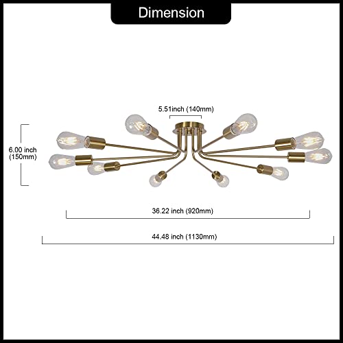 TULUCE Kitchen Lighting Fixture Industrial Flush Mount Ceiling Light Mid Century 10 Light Sputnik Chandelier for Kitchen Dining Room Small Bedroom Living Room Brass Painted Metal Ceiling Lighting