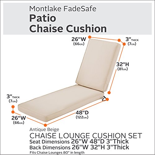 Classic Accessories Montlake FadeSafe FadeSafe Water-Resistant 80 x 26 x 3 Inch Patio Chaise Lounge Cushion, Antique Beige, Patio Cushion