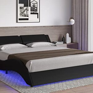 Queen Upholstered Bed Frame with LED Lights Underneath Modern Faux Leather Led Bed Frame Wave Like Curve Low Profile Platform Bed Frame with Headboard,Strong Wood Slats Support,Easy Assembly,Black