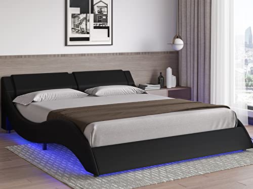 Queen Upholstered Bed Frame with LED Lights Underneath Modern Faux Leather Led Bed Frame Wave Like Curve Low Profile Platform Bed Frame with Headboard,Strong Wood Slats Support,Easy Assembly,Black