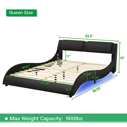 Queen Upholstered Bed Frame with LED Lights Underneath Modern Faux Leather Led Bed Frame Wave Like Curve Low Profile Platform Bed Frame with Headboard,Strong Wood Slats Support,Easy Assembly,Black