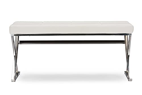 Baxton Studio Wholesale Interiors Herald Modern and Contemporary Faux Leather Upholstered Rectangle Bench, Stainless Steel and White