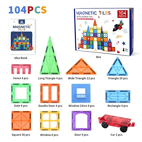 Gentle Monster Magnetic Tiles Building Blocks, 104PCS Magnet Blocks 3D Construction Toys for Kids Toddlers, Educational STEM Toys for Boys and Girls with 2 Cars