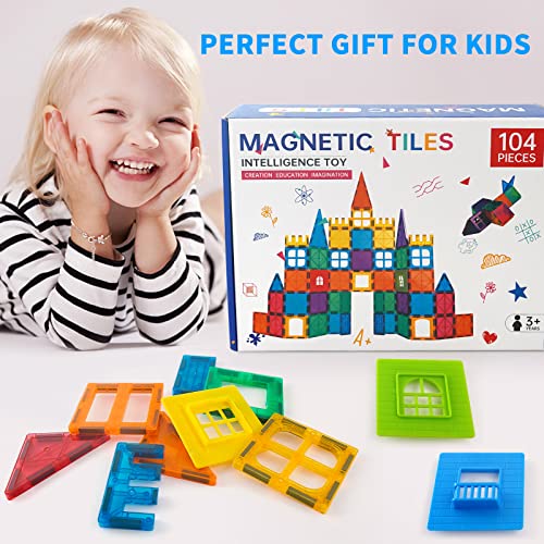 Gentle Monster Magnetic Tiles Building Blocks, 104PCS Magnet Blocks 3D Construction Toys for Kids Toddlers, Educational STEM Toys for Boys and Girls with 2 Cars