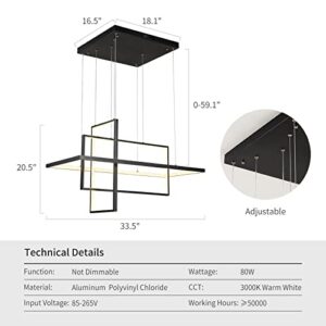 Leniure Black Square Cube LED Light Pendant Lamp Chandelier Lighting Fixture 34" Wide 16" Deep 20" High, Warm White 3000K