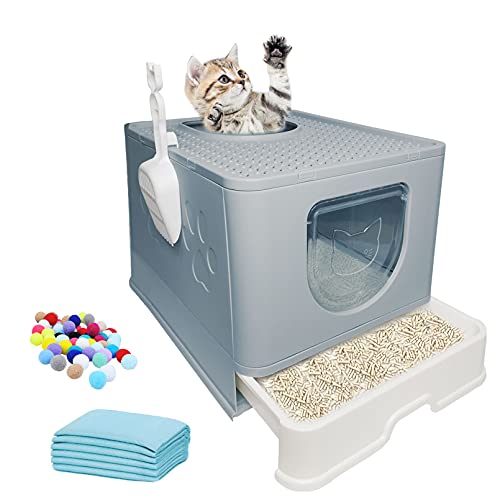 Hamiledyi Foldable Cat Litter Box with Lid, Large Litter Box with Drawer Enclosed Kitty Litter Pan, Top Entry Type Cat Potty with Plastic Scoop Anti-Splashing & No Smell Easy to Scoop (Blue)