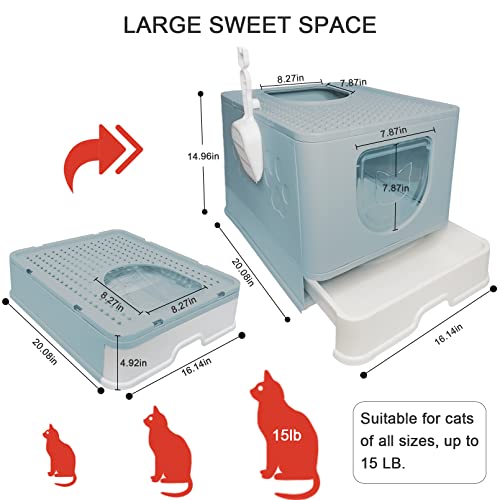 Hamiledyi Foldable Cat Litter Box with Lid, Large Litter Box with Drawer Enclosed Kitty Litter Pan, Top Entry Type Cat Potty with Plastic Scoop Anti-Splashing & No Smell Easy to Scoop (Blue)