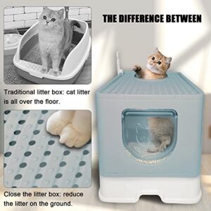 Hamiledyi Foldable Cat Litter Box with Lid, Large Litter Box with Drawer Enclosed Kitty Litter Pan, Top Entry Type Cat Potty with Plastic Scoop Anti-Splashing & No Smell Easy to Scoop (Blue)