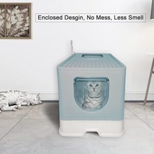 Hamiledyi Foldable Cat Litter Box with Lid, Large Litter Box with Drawer Enclosed Kitty Litter Pan, Top Entry Type Cat Potty with Plastic Scoop Anti-Splashing & No Smell Easy to Scoop (Blue)