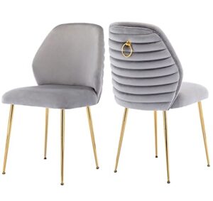 guyou grey velvet dining chairs set of 2, modern upholstered dining room chairs tufted armless side chair with gold legs and ring pull for kitchen living room bedrooms vanity (grey)