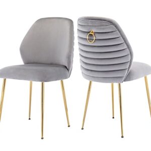 Guyou Grey Velvet Dining Chairs Set of 2, Modern Upholstered Dining Room Chairs Tufted Armless Side Chair with Gold Legs and Ring Pull for Kitchen Living Room Bedrooms Vanity (Grey)