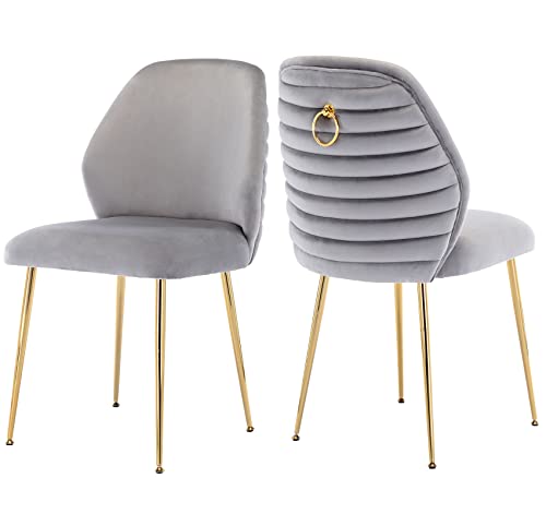 Guyou Grey Velvet Dining Chairs Set of 2, Modern Upholstered Dining Room Chairs Tufted Armless Side Chair with Gold Legs and Ring Pull for Kitchen Living Room Bedrooms Vanity (Grey)