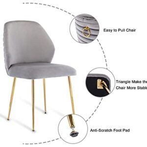 Guyou Grey Velvet Dining Chairs Set of 2, Modern Upholstered Dining Room Chairs Tufted Armless Side Chair with Gold Legs and Ring Pull for Kitchen Living Room Bedrooms Vanity (Grey)