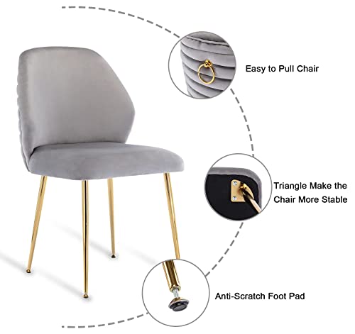 Guyou Grey Velvet Dining Chairs Set of 2, Modern Upholstered Dining Room Chairs Tufted Armless Side Chair with Gold Legs and Ring Pull for Kitchen Living Room Bedrooms Vanity (Grey)