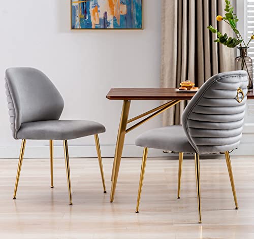 Guyou Grey Velvet Dining Chairs Set of 2, Modern Upholstered Dining Room Chairs Tufted Armless Side Chair with Gold Legs and Ring Pull for Kitchen Living Room Bedrooms Vanity (Grey)