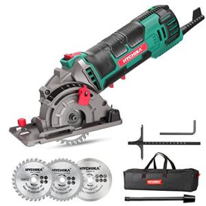 mini circular saw, hychika compact circular saw tile saw with 3 saw blades 4a pure copper motor, 3-3/8”4500rpm ideal for wood, soft metal, tile and plastic cuts, laser guide, scale ruler