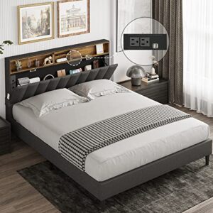 tiptiper queen bed frame with usb ports and outlets, upholstered platform bed with storage headboard, queen size with shelf headboard, 12 wood slats, no box spring needed, dark grey