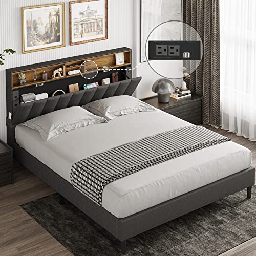 Tiptiper Queen Bed Frame with USB Ports and Outlets, Upholstered Platform Bed with Storage Headboard, Queen Size with Shelf Headboard, 12 Wood Slats, No Box Spring Needed, Dark Grey