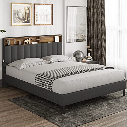 Tiptiper Queen Bed Frame with USB Ports and Outlets, Upholstered Platform Bed with Storage Headboard, Queen Size with Shelf Headboard, 12 Wood Slats, No Box Spring Needed, Dark Grey