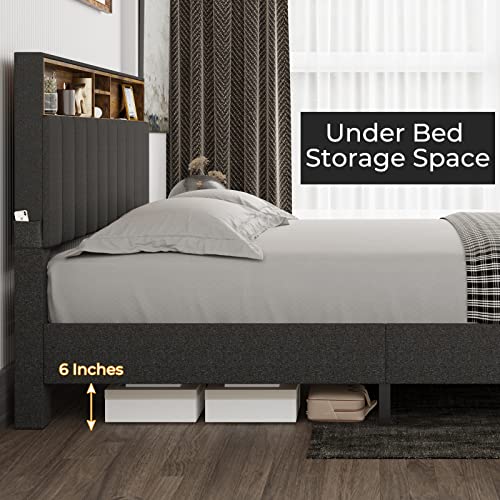 Tiptiper Queen Bed Frame with USB Ports and Outlets, Upholstered Platform Bed with Storage Headboard, Queen Size with Shelf Headboard, 12 Wood Slats, No Box Spring Needed, Dark Grey