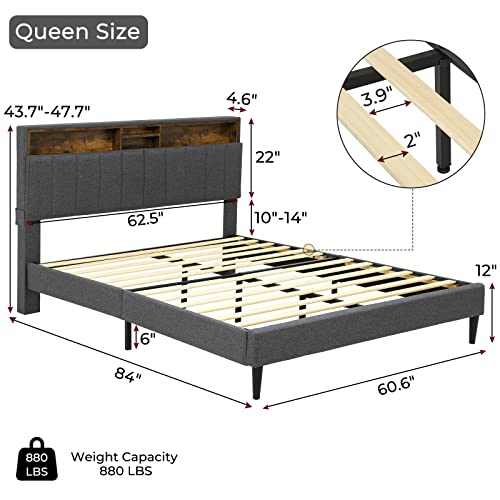 Tiptiper Queen Bed Frame with USB Ports and Outlets, Upholstered Platform Bed with Storage Headboard, Queen Size with Shelf Headboard, 12 Wood Slats, No Box Spring Needed, Dark Grey