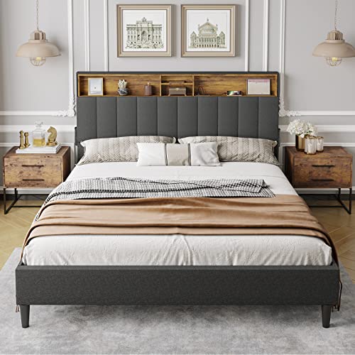 Tiptiper Queen Bed Frame with USB Ports and Outlets, Upholstered Platform Bed with Storage Headboard, Queen Size with Shelf Headboard, 12 Wood Slats, No Box Spring Needed, Dark Grey