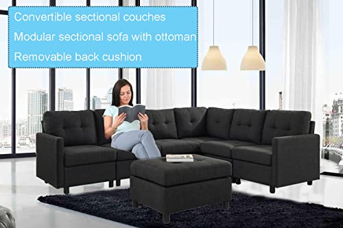 Moxeay Convertible Sectional Sofa with Ottoman Modular Sectional Sofa L Shaped Couch 6 Seater Sectional Couches for Living Room Apartment, Dark Grey