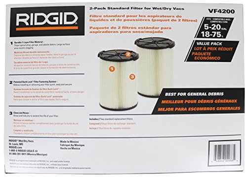 Ridgid VF4200 Genuine Replacement 1-Layer Everyday Dirt Wet/Dry Vac Filter for Ridgid 5-20 Gallon Vacuums (2 pack VF4000)